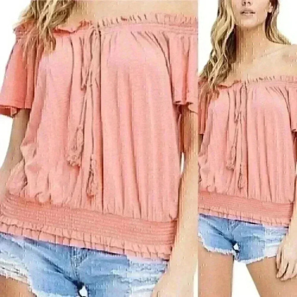 Free People Movement Linen Blend Blouse M Pink Off the Shoulder Tassels NWT - Picture 1 of 9